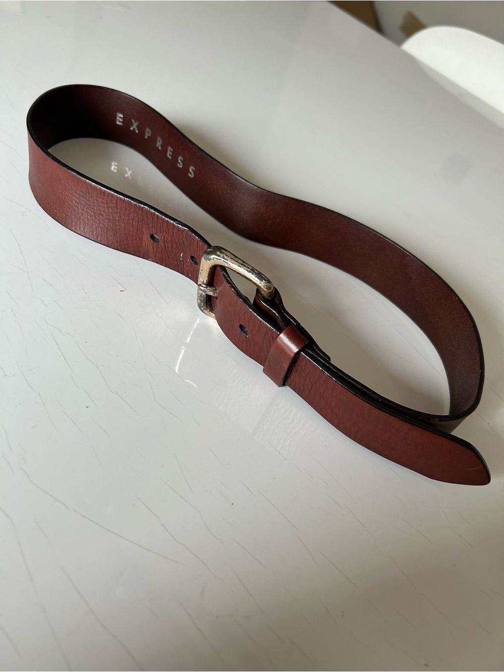 Vintage Express Mens Medium Italian Leather Cognac Brown Buckle Belt